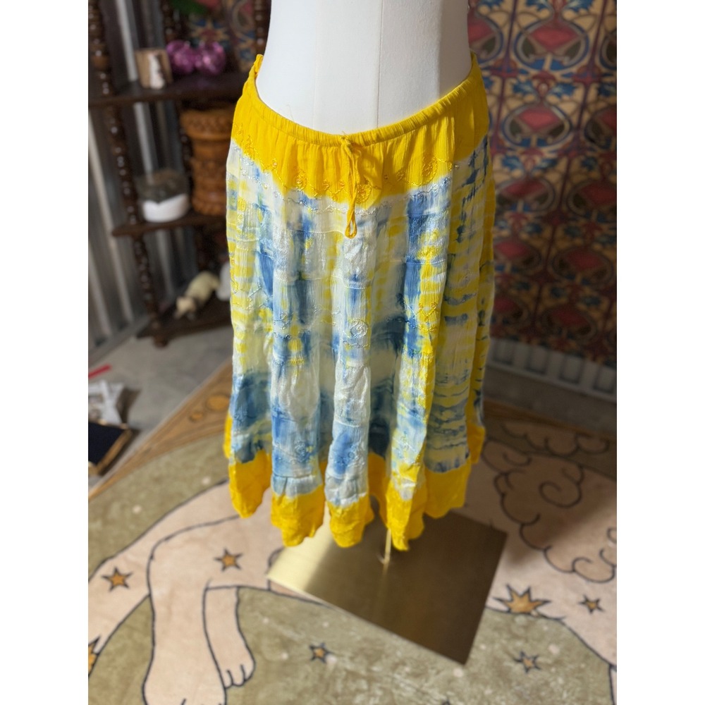 Indian Tropical‎ Fashion Yellow Blue Tie Dye Midi Skirt Free Size Rayon
